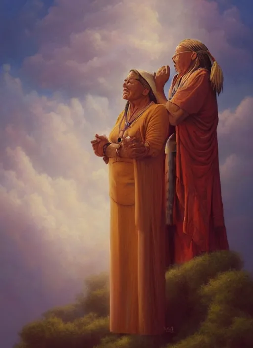 Image similar to portrait of an indigenous grandfather and grandmother in the clouds, smiling, protection, benevolence, ancestors, art by christophe vacher