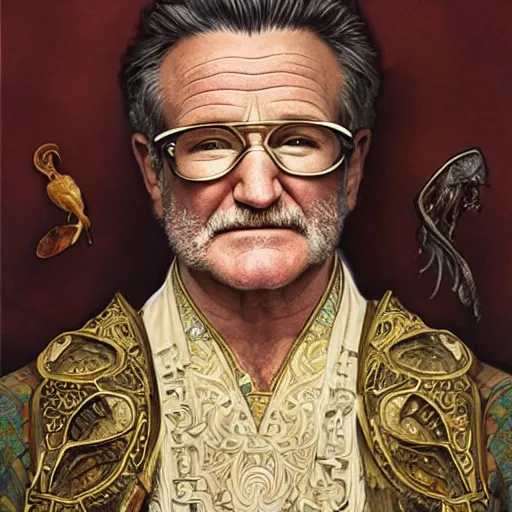 Image similar to an ultradetailed portrait of robin williams dressed as sheogorath, d & d, fantasy, intricate, elegant, highly detailed, digital painting, matte, sharp focus, illustration, art by john collier and albert aublet and krenz cushart and artem demura and alphonse mucha