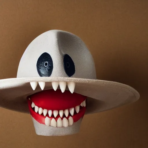 Image similar to living hat with eyes and teeth at brim of base, funny professional photo