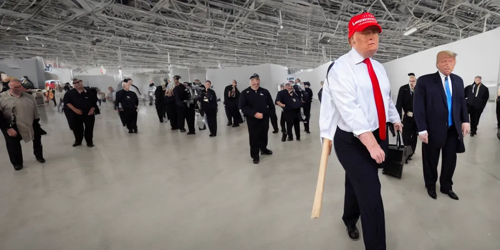 Prompt: ultra wide angle photo of donald trump dressed as a janitor walking silently past security guards, security guards