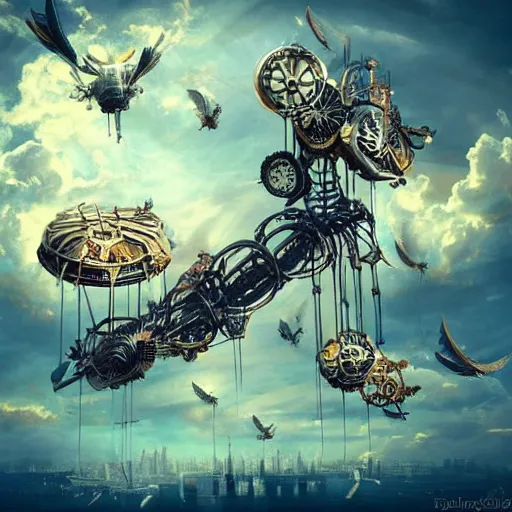 Image similar to flying! city in a mechanical flower, sky!, fantasy art, steampunk, masterpiece