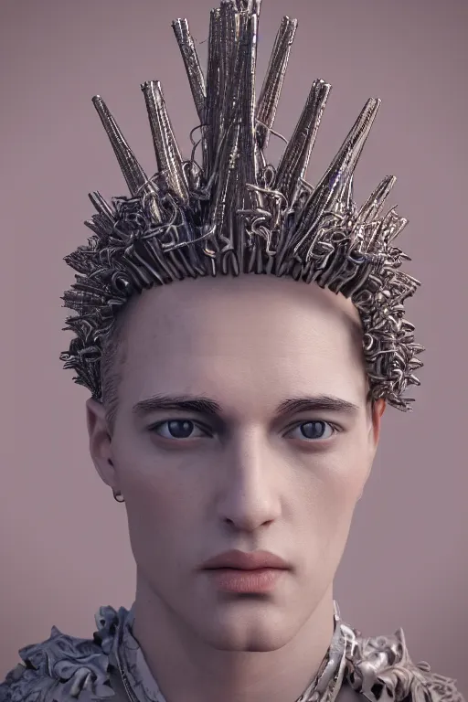 Prompt: full marble baroque style sculpture of handsome young seductive Spanish prince with a spiky hair, wearing a crown made out of woven pipe cleaners, background floating in outer space, photorealism, octane render, artgem, Trending on artstation