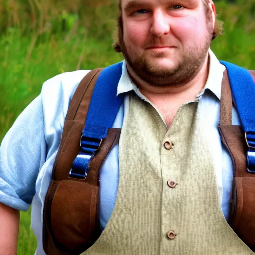 Image similar to close up headshot of a frowning clean shaven pudgy British lad with short curly dark brown hair as a hobbit wearing a white men's crossbody sling chest bag and blue vest, blue vest!! white crossbody chestbag!! high resolution film still, by Jeff Bark