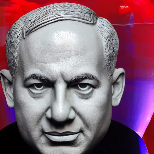 Prompt: a sculpture made out of juicy and transparent red jelly in the sea of a giant benjamin netanyahu head, long shot, hyper detailed, hyper realistic, ray tracing, 8 k resolution, sharp focus, realistic water, award winning