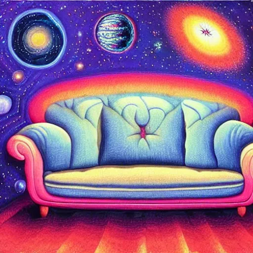 Image similar to psychedelic trippy couch in space, planets, plants, flowers, mushrooms milky way, sofa, cartoon by rob gonsalves