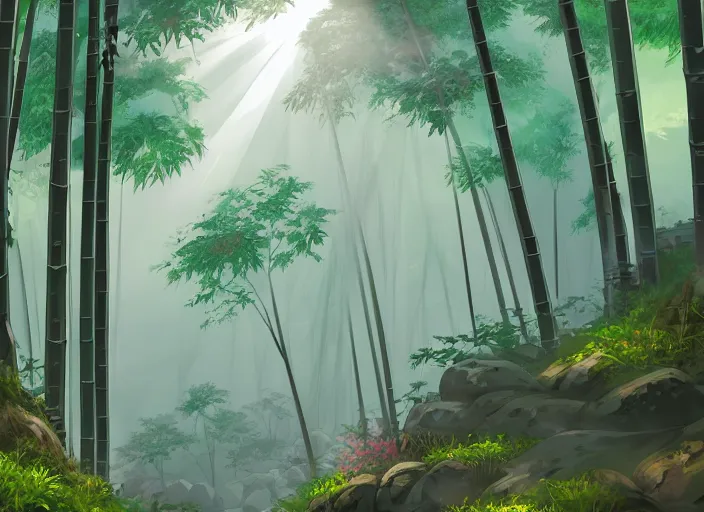 Prompt: deep in a misty japanese bamboo forest, small river, mountain background, sunny, cartoony, stylized anime, sun rays, soft, moody lighting, by hayao miyazaki, ghibli studio, makoto shinkai, toei animation, studio trigger, trending on artstation, 4 k, hd