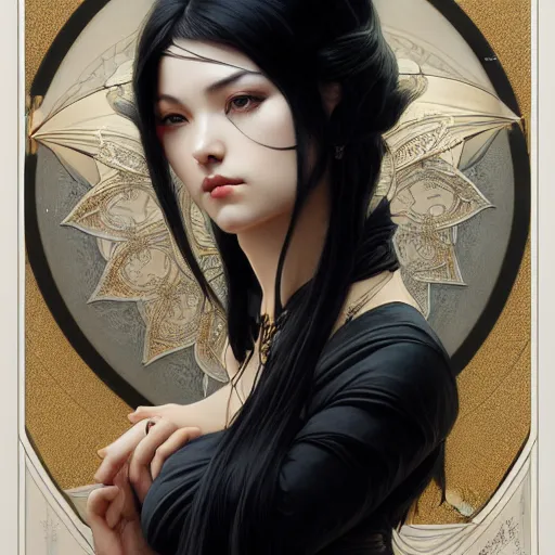 Image similar to Portrait of an divine muse with matte black hair as 2B, asian, D&D, fantasy, intricate, elegant, highly detailed, digital painting, artstation, dark art, concept art, matte, sharp focus, illustration, art by Artgerm and Greg Rutkowski and Alphonse Mucha