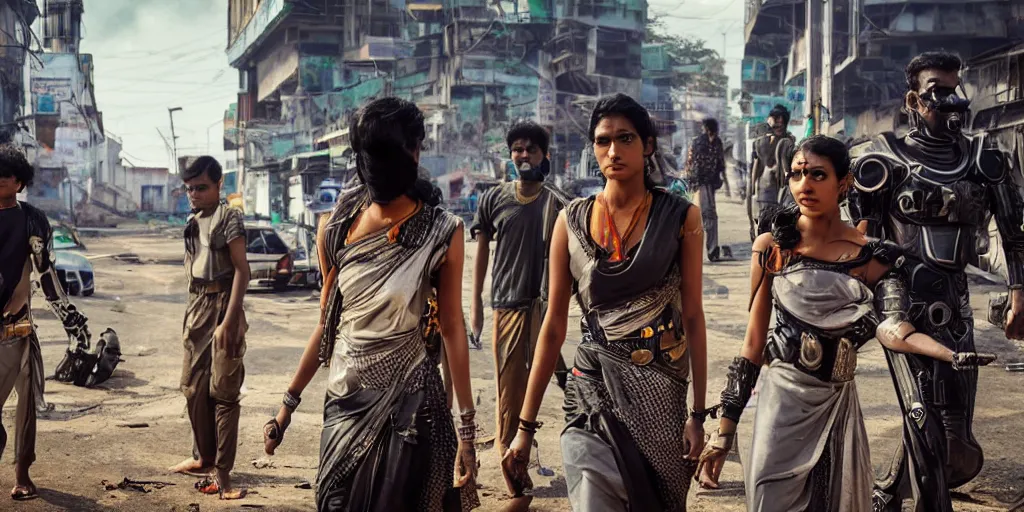 Prompt: sri lankan futuristic cyberpunk gang, film still, epic shot cinematography, rule of thirds, sci - fi tech style