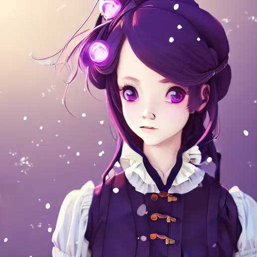 Image similar to wearing full clothing in full clothing victorian dress, beautiful anime woman, purple hair, red eyes, weapon, steampunk, symmetrical face, symmetrical eyes, full round face, short smile, detailed, winter setting, cinematic lighting, medium shot, mid - shot, makoto shinkai, artgerm, ilya kuvshinov, loish