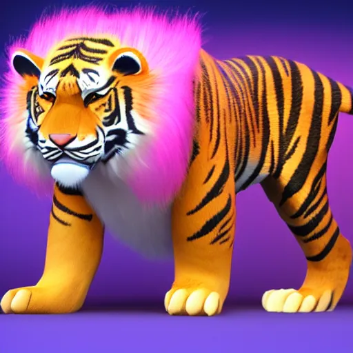 Image similar to a caspian tiger with fur of the color pink and yellow with ombre effect, detailed fur hair, unreal engine 5
