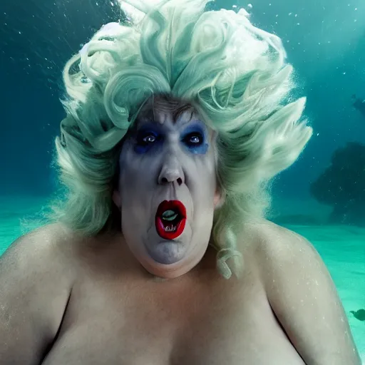 Prompt: Trump as Ursula the sea witch underwater, 8k, professional photography, cinematic shot, dark, smoke