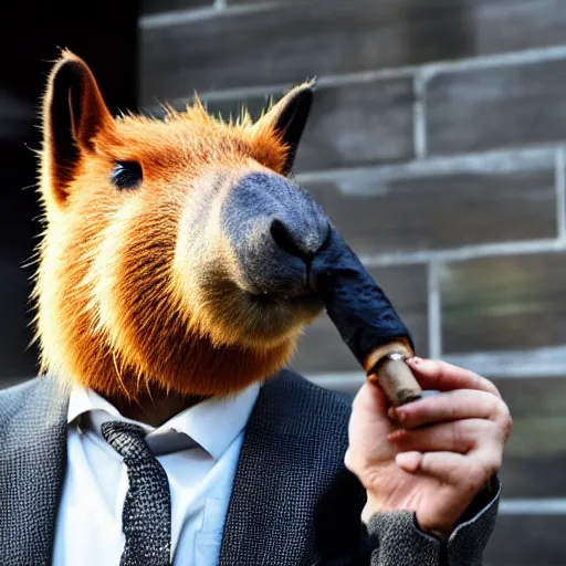 Image similar to an antropomorphic capybara wearing a suit smoking a cigar