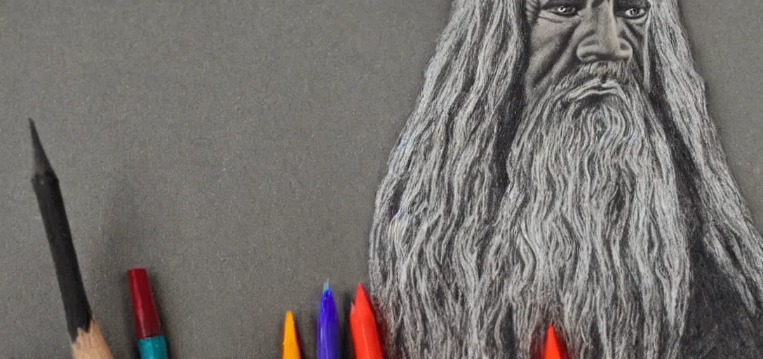 Image similar to Gandalf poorly drawn in wax crayon by a five-year old