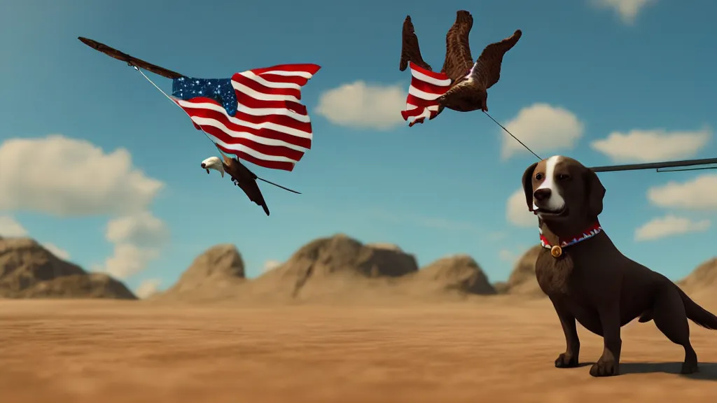 Prompt: a dog with a trident flying with a bald eagle, patriotic, highly detailed, unreal engine