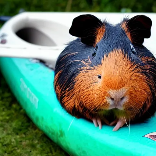 Prompt: a guinea pig posing next to a white kayak, water colour