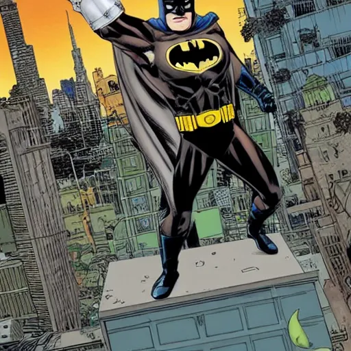 Prompt: batman in complex city background, by Geoff Darrow
