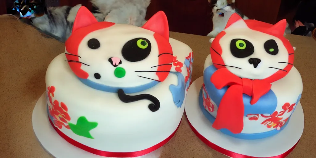 Image similar to There is a cat pattern on the birthday cake, whose left eye is blue, the right eye is red, and the ear is green. And which says 'Aza, 818 happy birthday!'