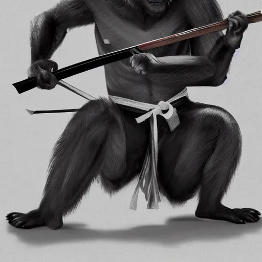 Prompt: Sumi-e painting of a monkey, wearing traditional samurai armor, helmet and mempo, welding a katana, octane render, hyper realistic, full body shot, rendered in 8K resolution, black ink painting