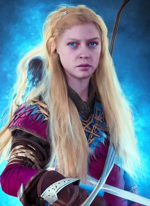 Image similar to An epic fantasy comic book style portrait painting of a young girl with long blonde hair and blue eyes. Wearing brown and magenta leather tribal combat clothes. She is holding hunting bow. Unreal 5, DAZ, hyperrealistic, octane render, cosplay, RPG portrait, dynamic lighting