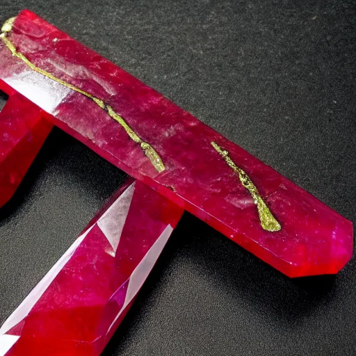 Prompt: a large cut polished ruby glinting with ancient golden runes on it in front of dark black studio background