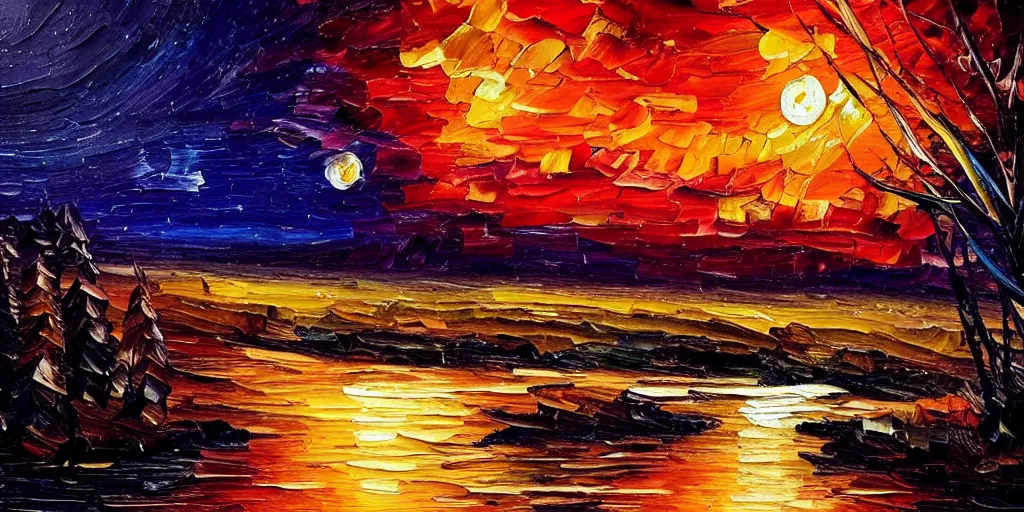 Image similar to nighttime nature landscape, oil painting, ultra realistic, highly detailed, hd, sharp focus, warm colors, realistic, vivid colors, painting, non blurry, sharp, smooth, illustration