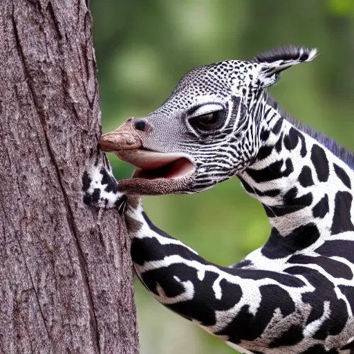 Prompt: long neck animal with spots eating tree leaves