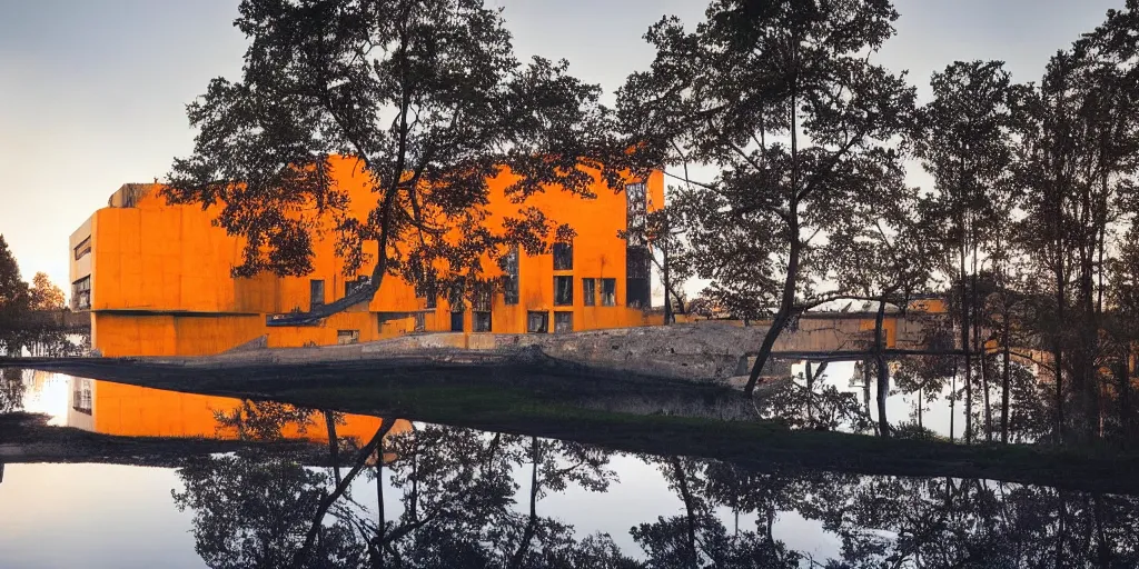 Image similar to huge building in shape of skull by le corbusier brutalism, puddles of water, trees, sunrise, orange glow, by greg rutkowsky and ivan shishkin,