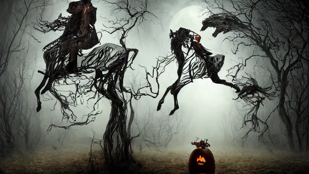 Image similar to halloween headless horseman theme surrealist art in the styles of igor morski, jim warren, and a tim burton film, intricate, hyperrealistic, volumetric lighting