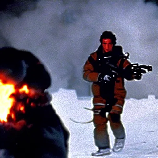 Image similar to movie still of cristiano ronaldo with a flamethrower in the thing (1982), john carpenter, cinematic,