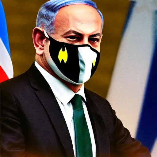 Image similar to a portrait of benjamin netanyahu wearing batman's mask