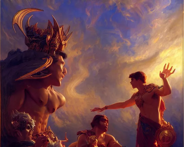 Image similar to attractive pagan male deity, summoning handsome lucifer morning star. highly detailed painting by gaston bussiere, craig mullins, j. c. leyendecker 8 k