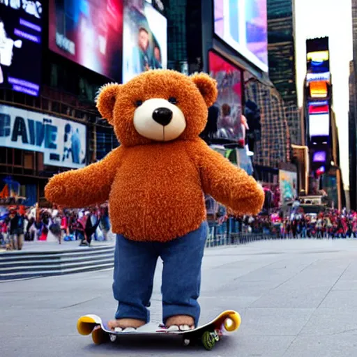 Image similar to a teddy bear on a skateboard in times square