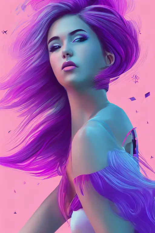 Image similar to a award winning half body porttrait of a beautiful woman in a croptop with ombre purple pink teal hairstyle with head in motion and hair flying, outrun, vaporware, shaded flat illustration, digital art, trending on artstation, highly detailed, fine detail, intricate