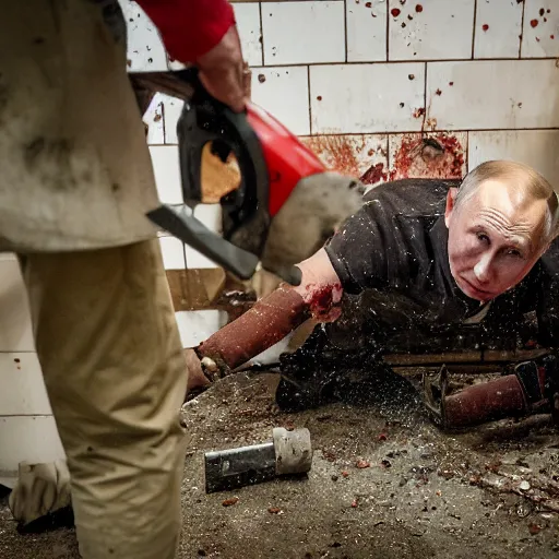 Image similar to putin with a chainsaw and a corpse. in a concrete room, looks like a bunker. focus on putins face with blood splatters. canon eos r 3, f / 1. 4, iso 8 0 0, 1 / 1 6 0 s, 8 k, raw.