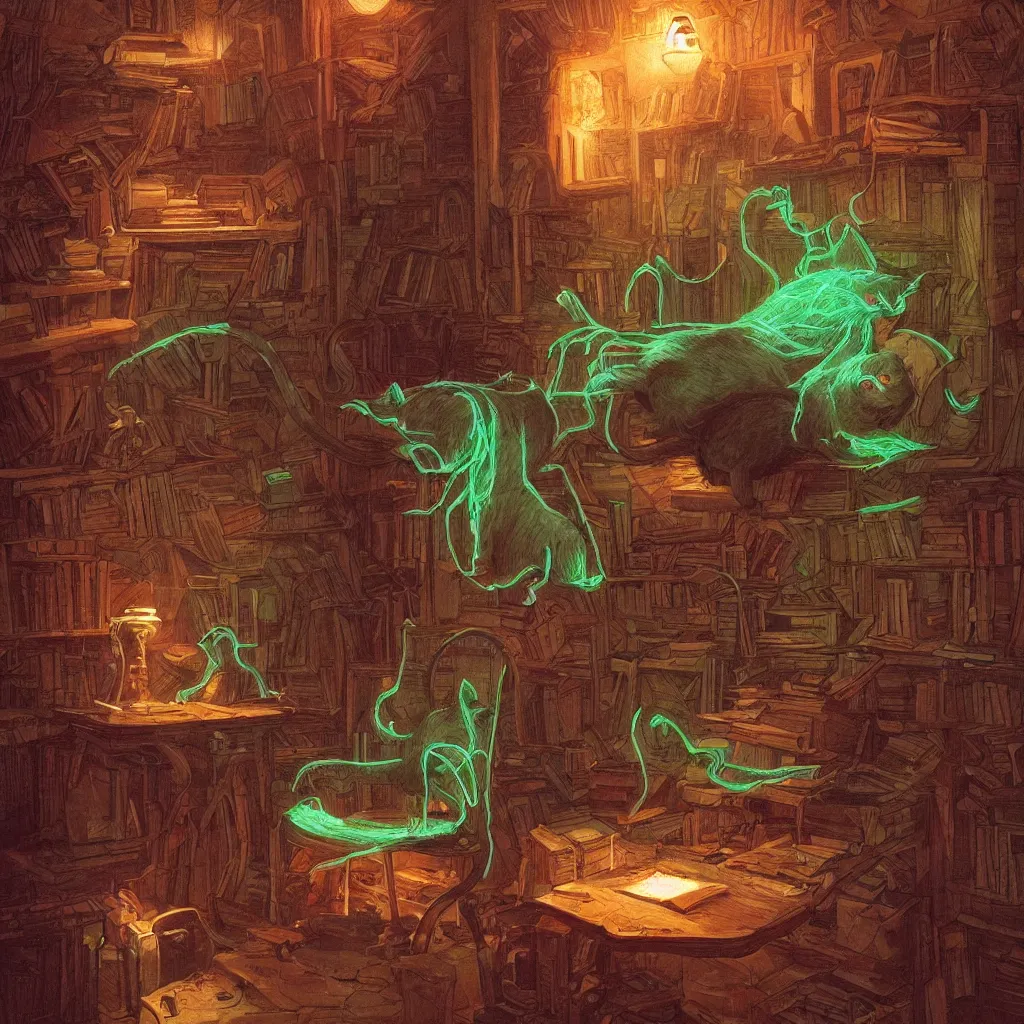 Prompt: a cat character laying, wood carved chair, library, super powers, retrowave, concept art, glowing tiny green lines, by greg rutkowski, overdetailed art, old copper pipes, complementing colors