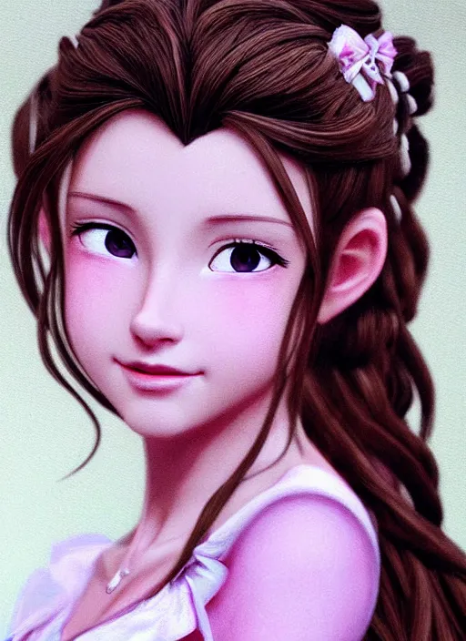 Image similar to elegant Aerith Gainsborough stares intently up at you . ultra detailed painting at 16K resolution and epic visuals. epically surreally beautiful image. amazing effect, image looks crazily crisp as far as it's visual fidelity goes, absolutely outstanding. vivid clarity. ultra. iridescent. mind-breaking. mega-beautiful pencil shadowing. beautiful face. Ultra High Definition. processed twice. polished marble.