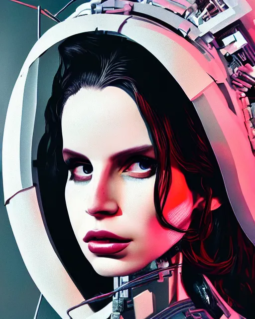 Prompt: portrait of lana del rey as a cyberpunk cyborg. intricate abstract. intricate artwork, tear drops, roses, by tooth wu, wlop, beeple, dan mumford. concept art, octane render, trending on artstation, greg rutkowski, symmetrical, cinematic, key art, hyper realism, iridescent accents