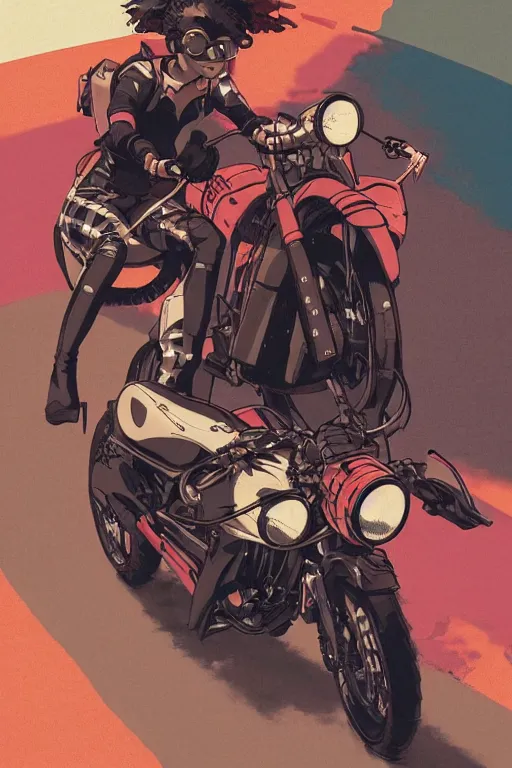 Image similar to black woman with goggles riding motorbike, ilya kuvshinov, jamie hewlett, yoji shinkawa, muted colors, beautiful detailed illustration, 17th century oil painting, flat colors, studio ghibli, cel shading,