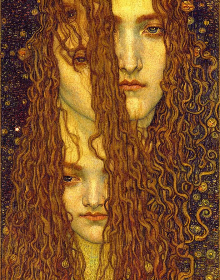 Image similar to detailed realistic beautiful young medieval queen face portrait by jean delville, gustav klimt and vincent van gogh, art nouveau, symbolist, visionary, gothic, pre - raphaelite, muted earthy colors, desaturated