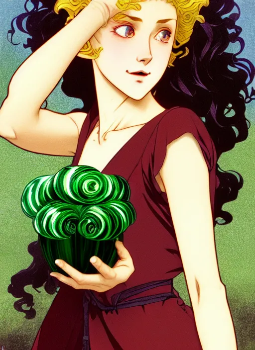 Prompt: young blond vampire girl, goddess of green velvety malachite and obsidian diamonds and black roses with long curly, golden hair, perfectly proportioned face, brown eyes, sweet smile, strong jawline,, natural lighting, path traced, highly detailed, high quality, cartoon, digital painting, by new haicheng and studio ghibli and alphonse mucha
