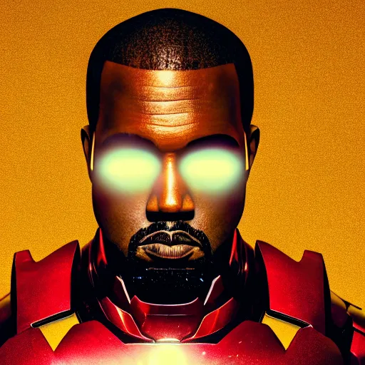 Image similar to Portrait of Kanye West as Ironman, splash art, movie still, cinematic lighting, dramatic, octane render, long lens, shallow depth of field, bokeh, anamorphic lens flare, 8k, hyper detailed, 35mm film grain