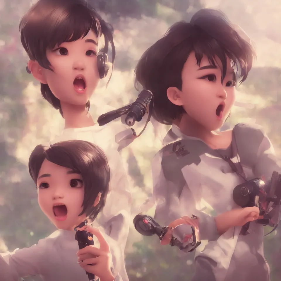 Image similar to a cute Asian girl singing, short stylish hair in the style of DreamWorks animation, mid-shot, low angle view, 16mm lens, award winning, hyper detailed, studio lighting, artstation, octane renderer, unreal engine