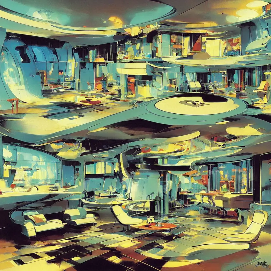 Prompt: concept art of jetsons cartoon indoor scenario of a futuristic house, painted by john berkey
