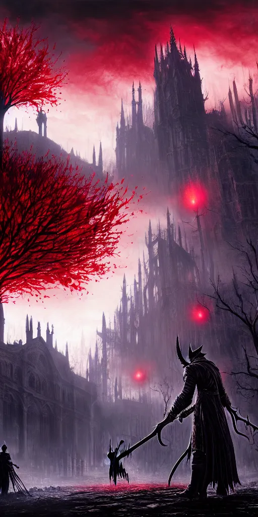 Image similar to populated bloodborne old valley with a obscure person at the centre and a ruined gothic city in the background, trees and stars in the background, falling red petals, epic red - orange moonlight, perfect lightning, wallpaper illustration by niko delort and kentaro miura, 4 k, ultra realistic