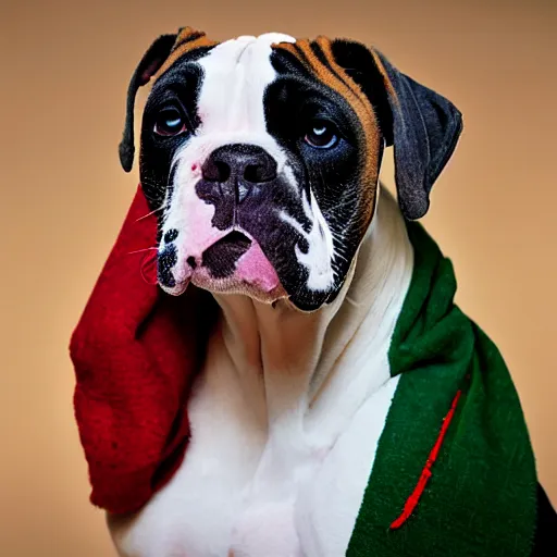 Image similar to portrait of american bulldog as afghan puppy, green eyes and red scarf looking intently, photograph by steve mccurry