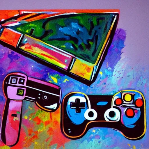 Image similar to a broken videogame console, colorful painting, compelling