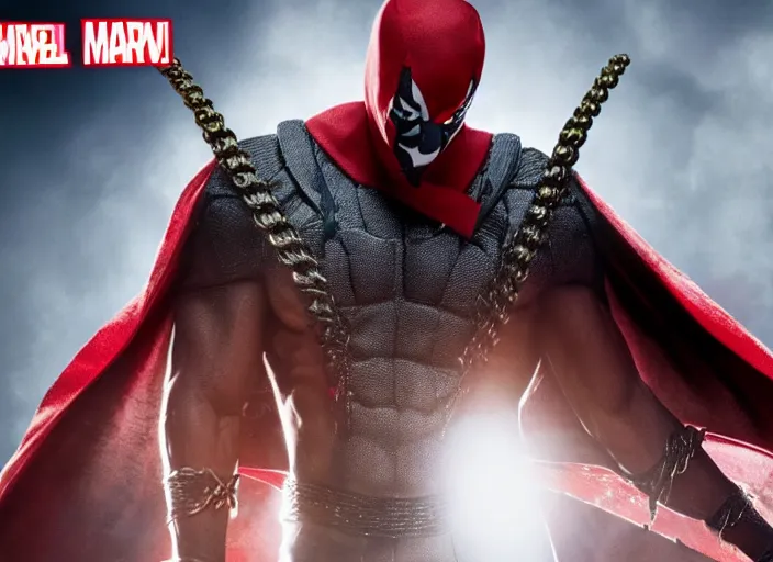 Image similar to film still of michael b jordan as spawn in the new spawn movie, giant chains, large cape, 8 k