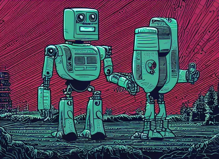 Image similar to A detailed illustration of a robot by Dan Mumford, beautifully illustrated