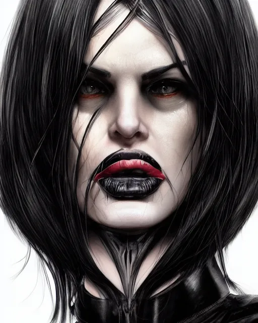 Image similar to portrait of evil a tall 4 0 - year - old woman with thin lips, heavy - lidded eyes, a strong jaw and long, thick shining black hair, thick eyebrows and long eyelashes, wearing in black clothes, hyper realistic face, beautiful eyes, character art, art by mark brooks, hyperdetailed, cryengine, trending on artstation, digital art