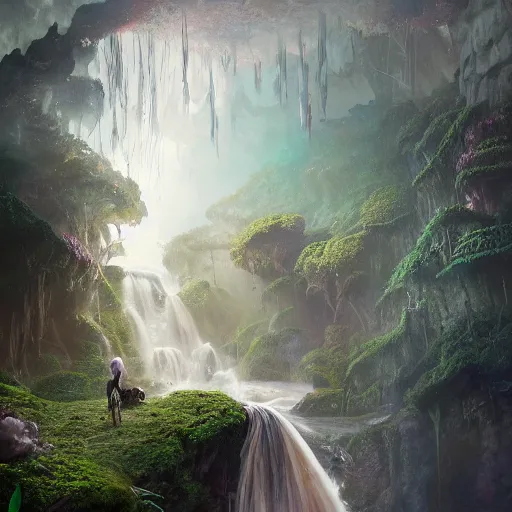 Image similar to tom bagshaw, mythical cavern, soft painting render curiosities carnival pond vegetation rocks mushrooms covered moss bioluminescent wisps, beautiful amazon full armor stunning waterfall, accurate features, focus, very intricate ultrafine details, random volumetric lighting, fog, award winning masterpiece, octane render 8 k hd, artstation